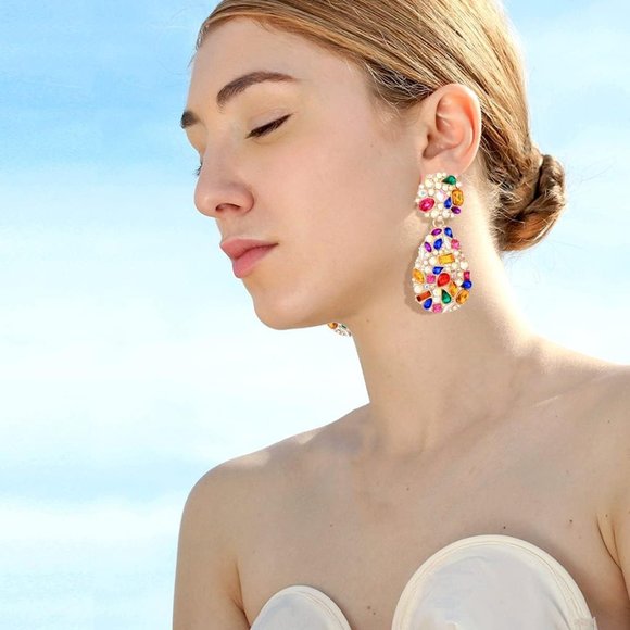 Crystals Teardrop Dangle Statement Earrings, Rhinestone Chandelier Fashion - Picture 5 of 6